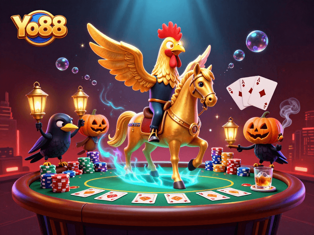Engage in gaming action with Yo88's vibrant casino scene featuring a golden rooster and poker elements.