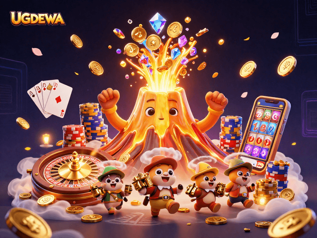 Join UGDEWA's thrilling casino adventure featuring a golden volcano, treasure, and vibrant gaming elements.