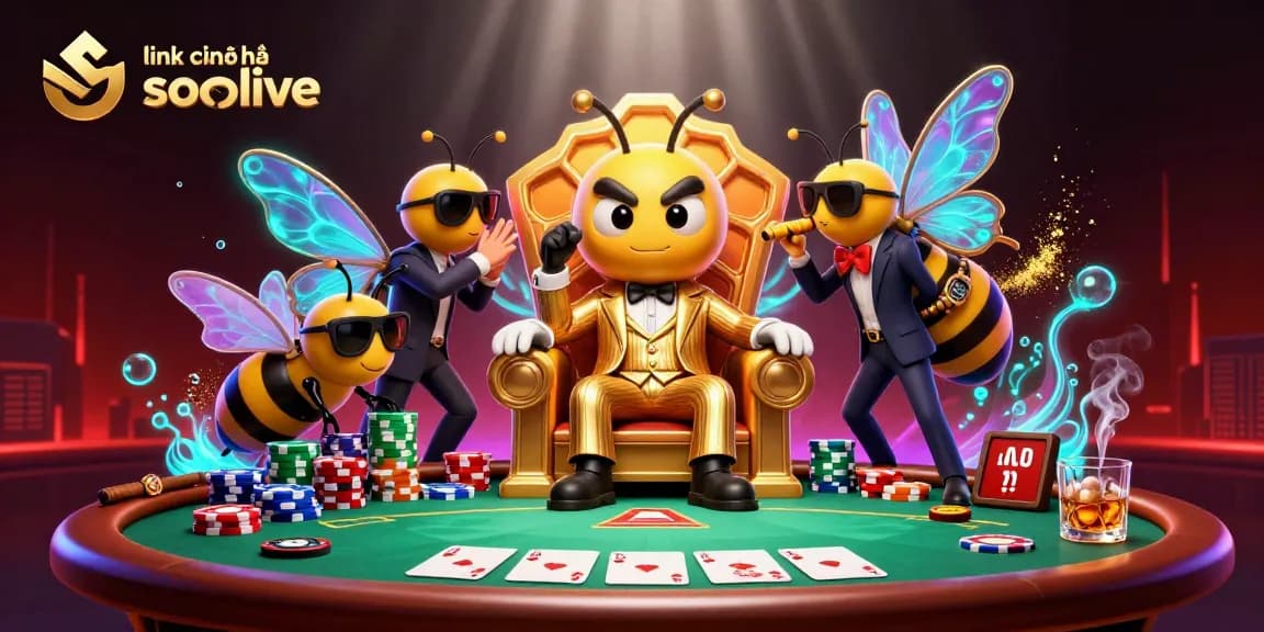Experience link chính thức socolive as a cartoon bumblebee mob boss presides over a vibrant gambling scene filled with poker action.