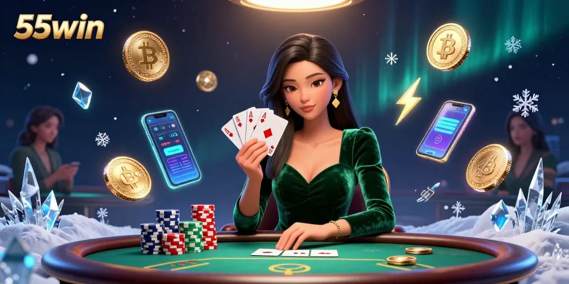 Experience strategic gameplay at 55win with vibrant casino elements and a luxurious poker setting.