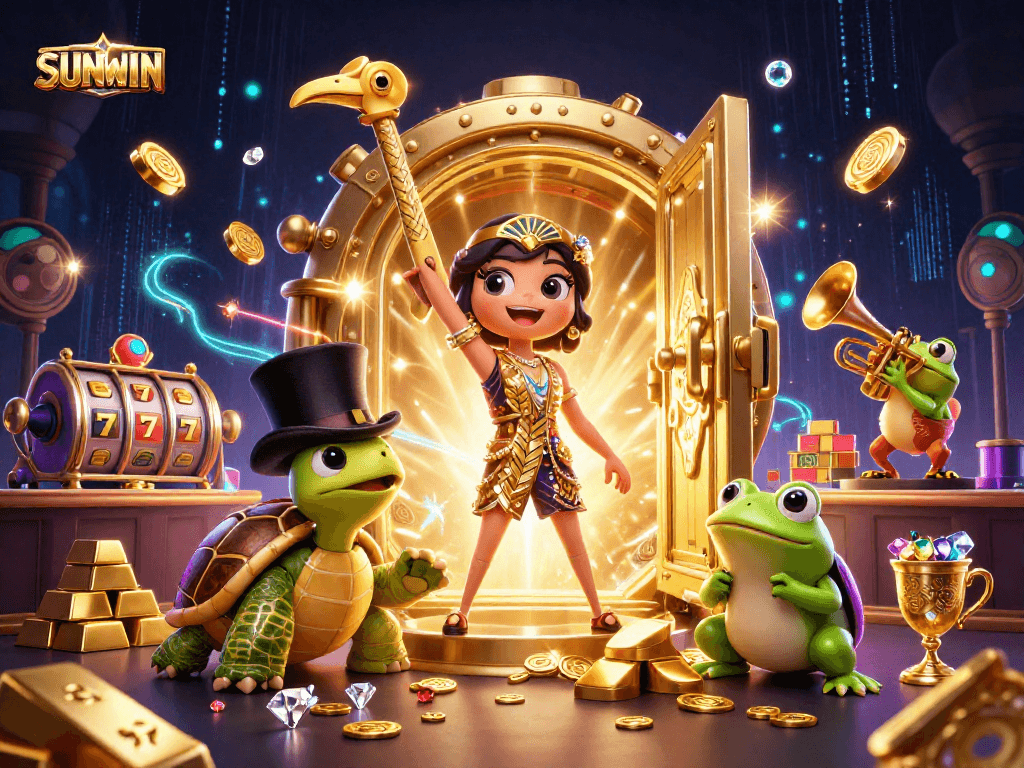 SUNWIN slots scene with a 3D crane, turtle, and frog amidst treasures and flashing reels.