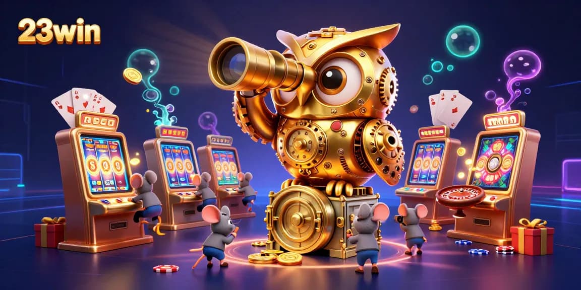 Engage with 23win's thrilling casino experience featuring a golden owl and delightful game elements.