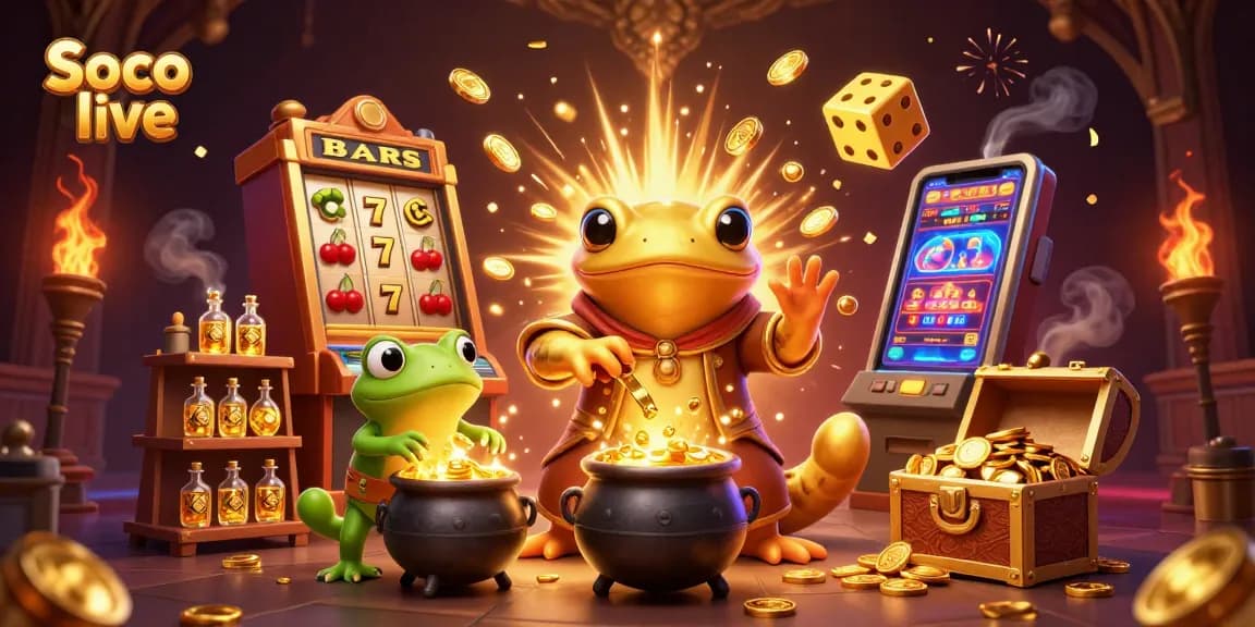 Soco live offers an engaging gambling experience featuring a dynamic golden laboratory scene with slot machines and coins.