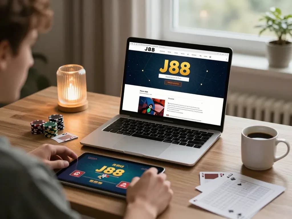 Engaging in j88 poker strategy on a tablet in a cozy home gaming setup, showcasing responsible play.