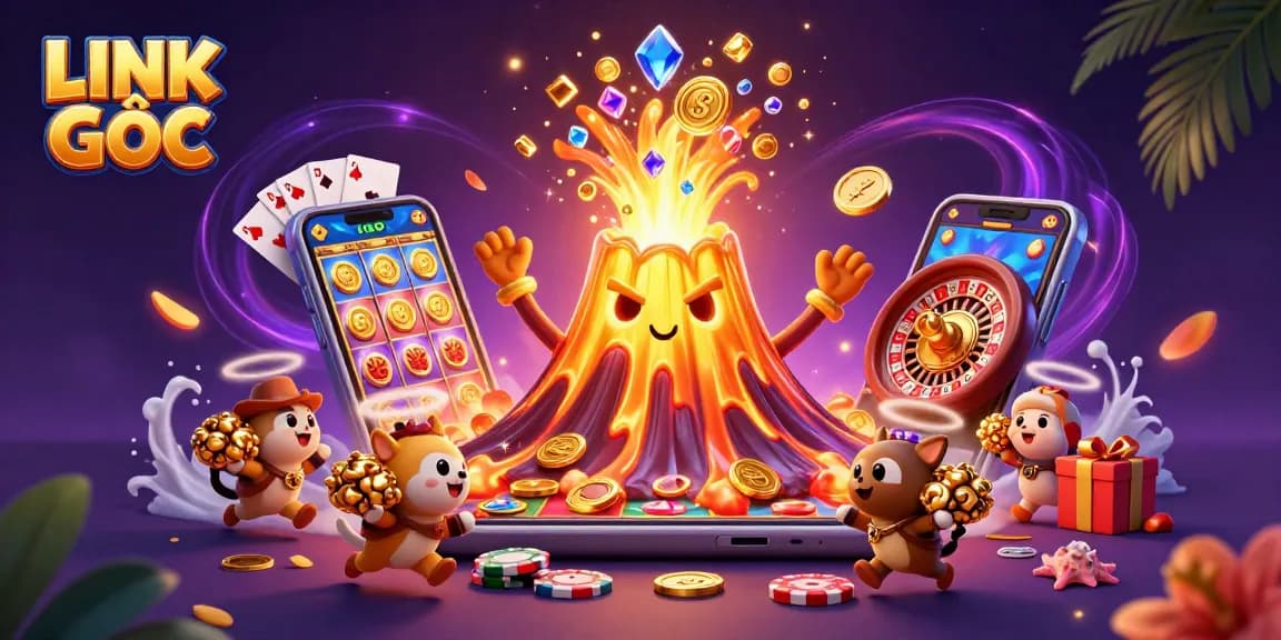 Experience excitement with LINK GỐC in a vibrant 3D illustration celebrating casino winnings.