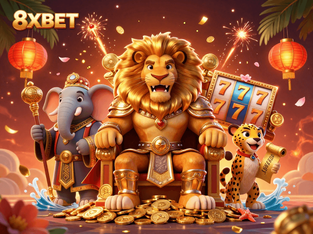 Experience the thrill of 8XBET with dynamic slot games and engaging characters in a vibrant casino setting.