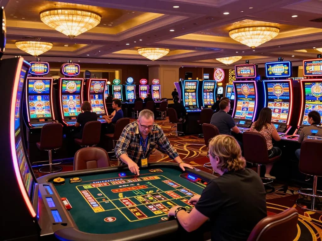 Players engage at slot machines and roulette, showcasing SC 88 in a vibrant casino atmosphere