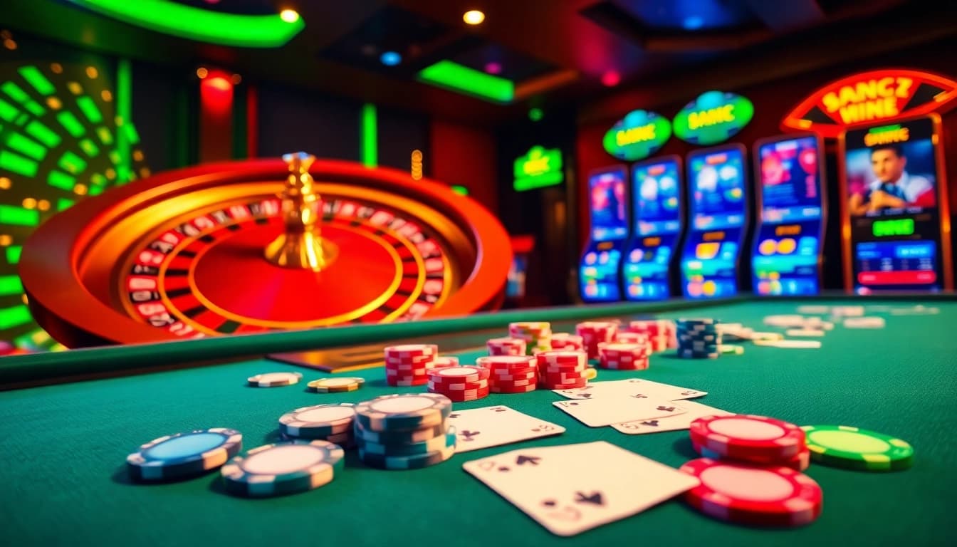 An immersive gaming experience at 888new com featuring poker tables, roulette wheels, and vibrant slot machines.
