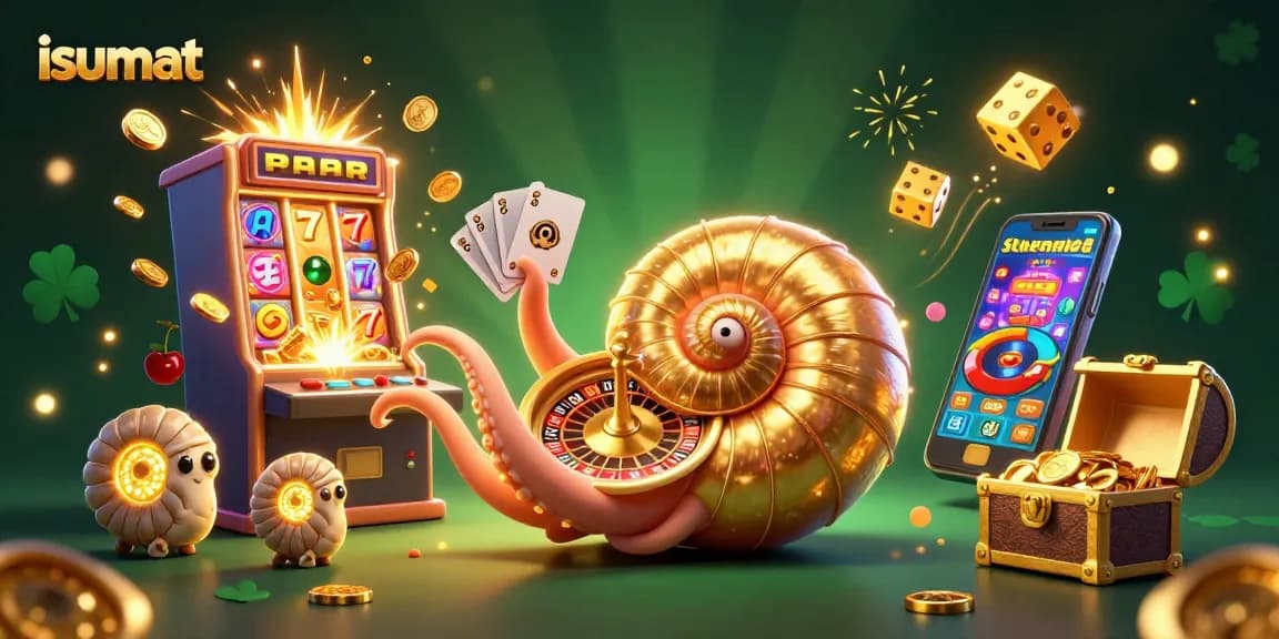 Experience the thrill of isumat with a dynamic casino scene featuring a giant nautilus roulette wheel surrounded by winning elements.