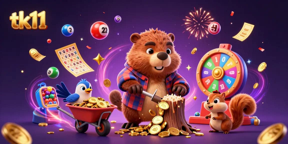 Engage with tk11's thrilling lottery experience as animated characters celebrate with gold coins and vibrant game elements.