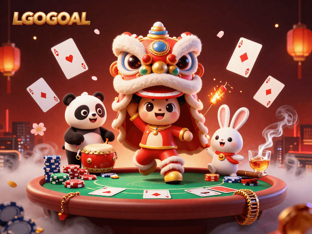 Engage with LGOGOAL in a vibrant casino scene featuring a lion dance and poker elements.