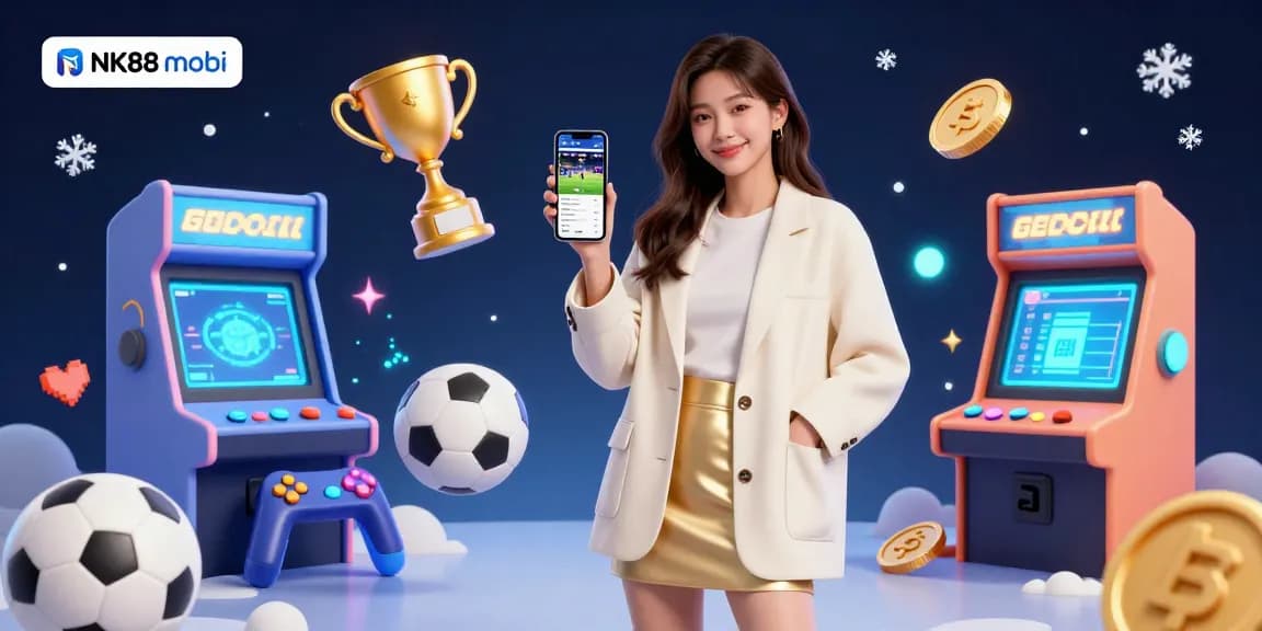 Engage in thrilling bets with NK88 mobi on a vibrant sports betting app, surrounded by exciting gaming elements.