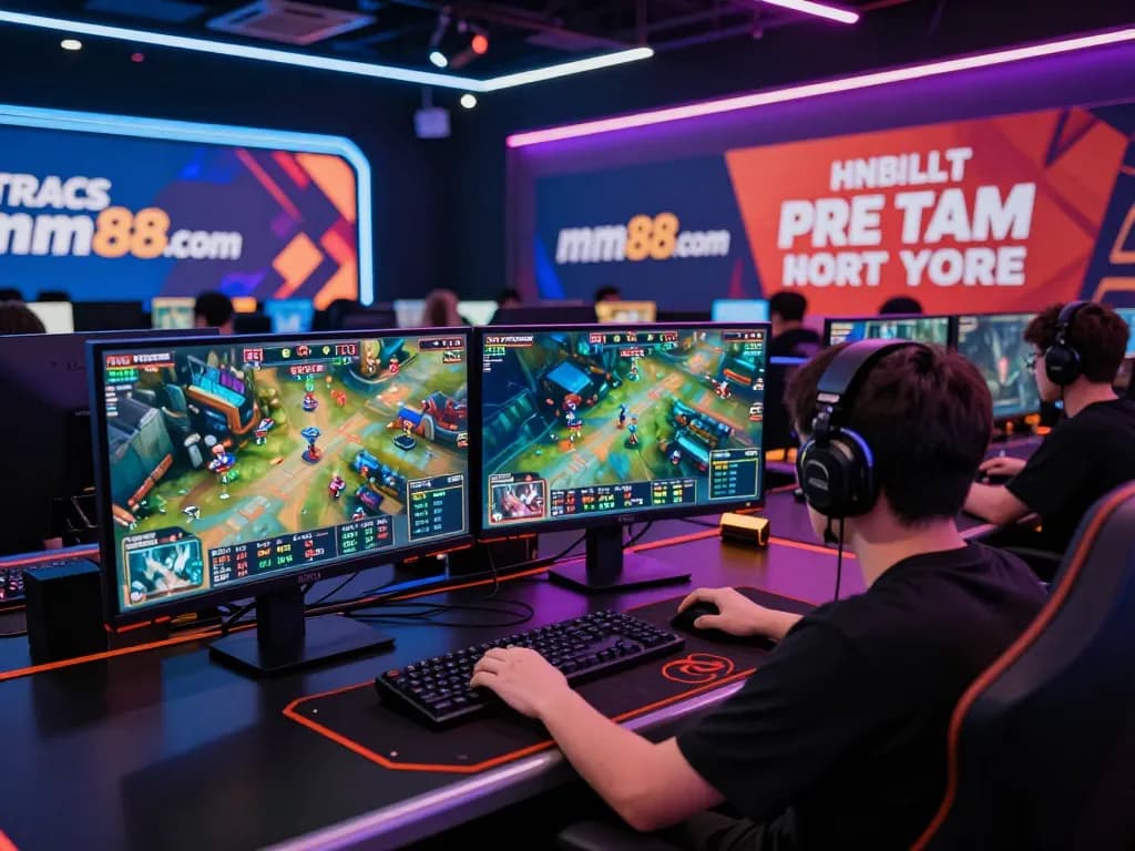 Engaging esports betting action with mm88 com displaying vibrant stats on dual screens, showcasing dynamic wagering.