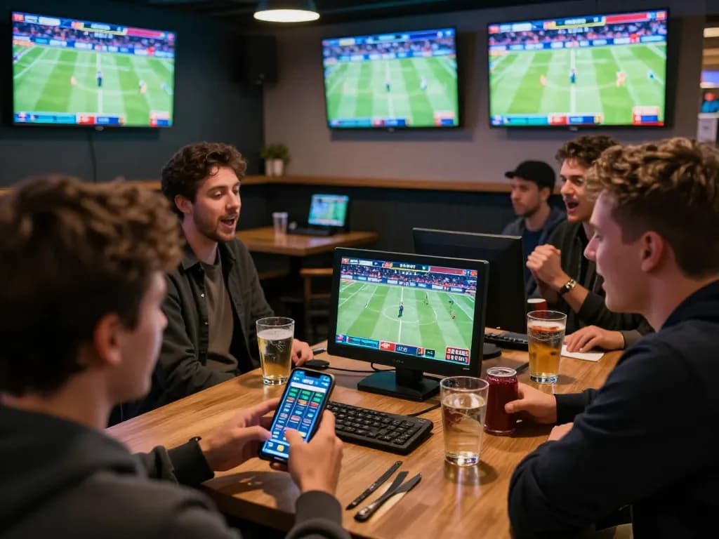 Kèo nhà cái displayed on multiple screens as bettors engage in live sports betting.
