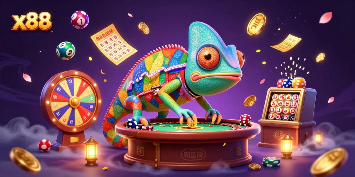 x88 engages players with a colorful scene full of lottery themes and golden coins at the casino.