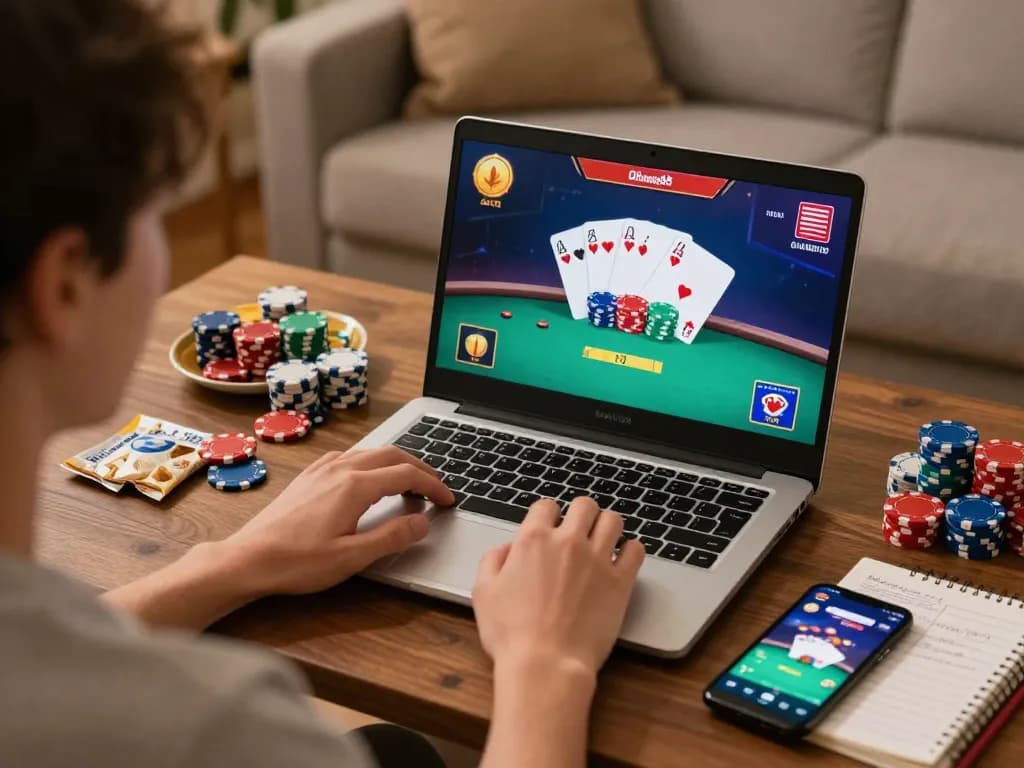 Playing poker online at gamedoithuong88 with impressive hand and stacked chips on a cozy sofa