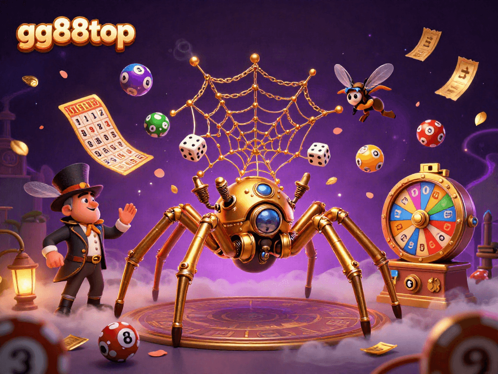 Engage with gg88top's steampunk-themed casino with golden spider, dice, and vibrant lottery elements.