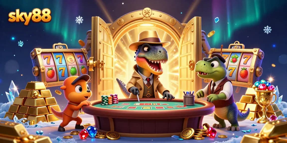 Watch the velociraptor at the blackjack table in sky88, surrounded by slot reels and gems.