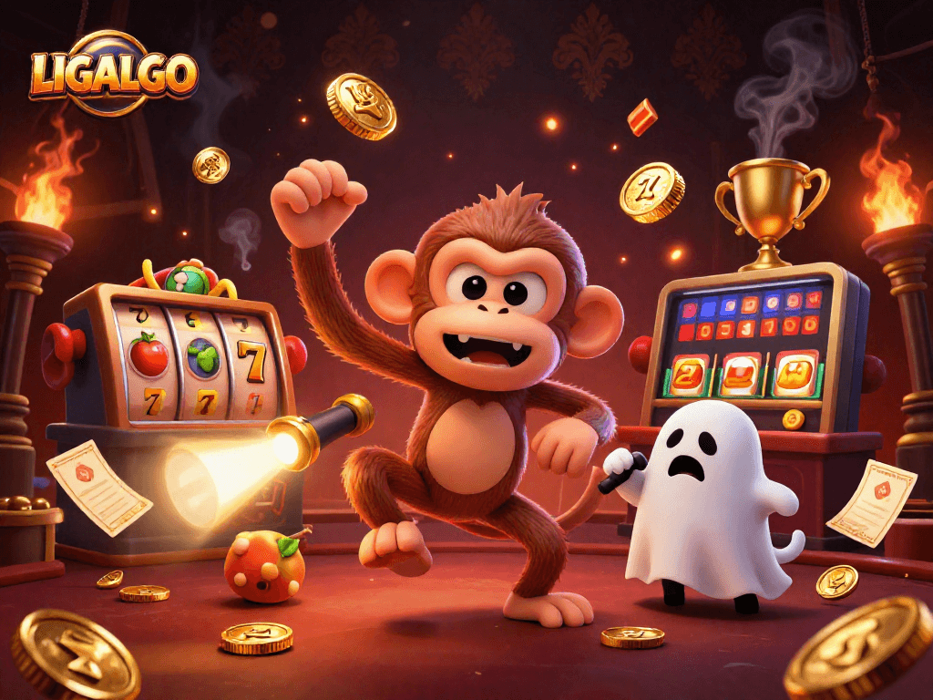 LIGALGO showcases a playful ghost monkey juggling coins in a slot-filled casino environment