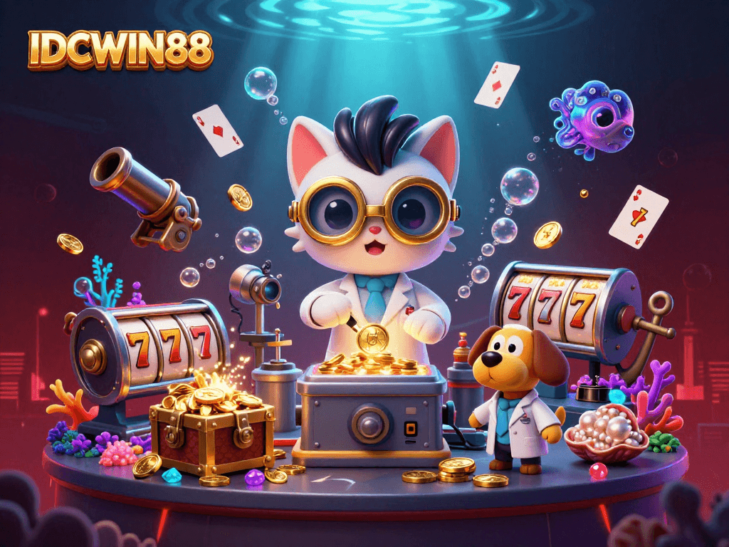 Join the fun with IDCWIN88 in this lively illustration of a mad scientist cat, jackpot slots, and gold coins.