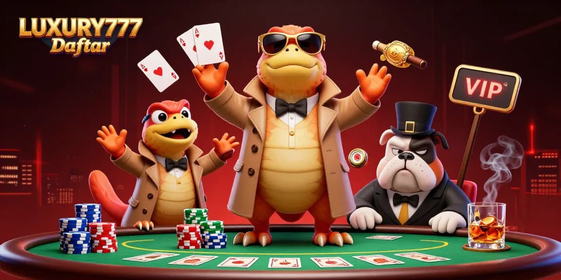 Menggali strategi LUXURY777 Daftar dengan tiga raptor lucu berpakaian jas di kasino, menampilkan elemen poker.