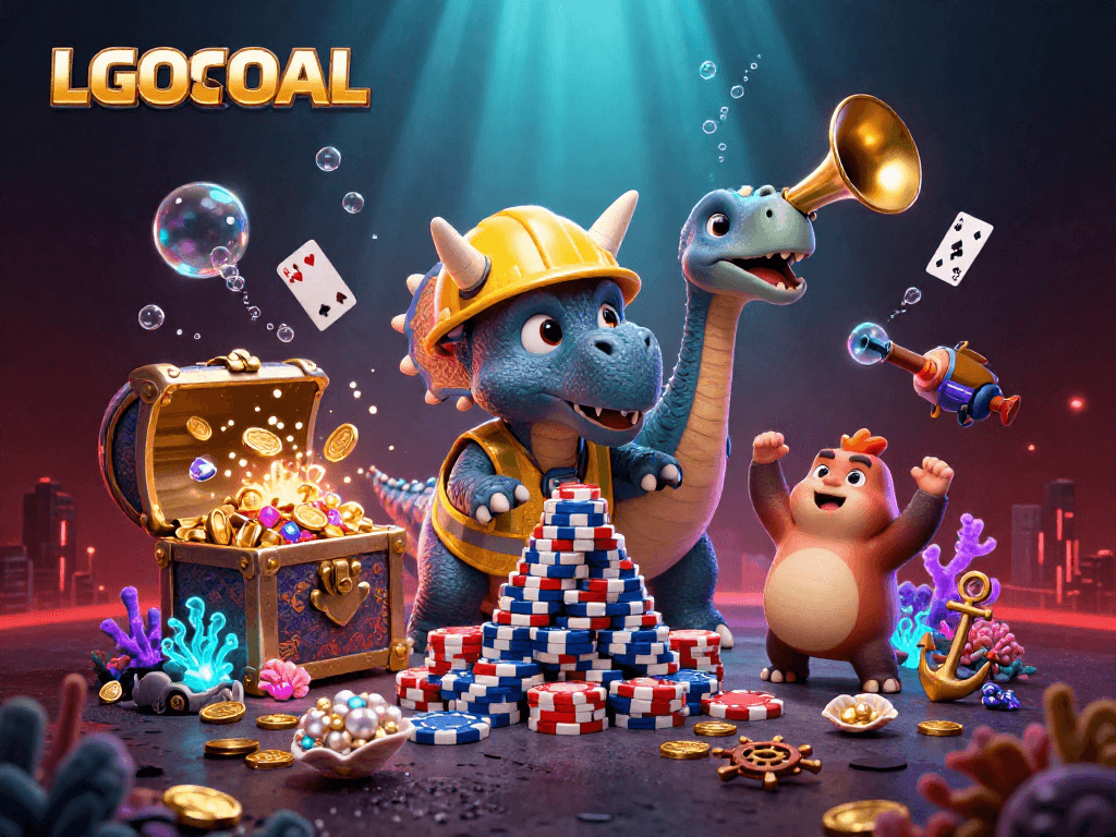 Experience LGOGOAL’s vibrant casino creativity with triceratops building poker chips amidst underwater treasures.