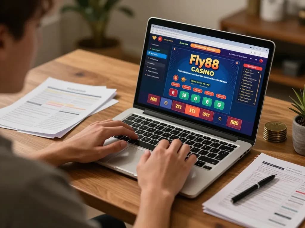 Player engaging with the fly88 online casino interface in a cozy home gaming setup.