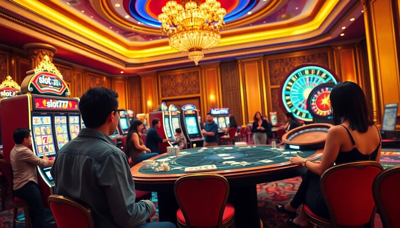 Players enjoying slot machines and games at a luxury casino featuring slot777 branding.