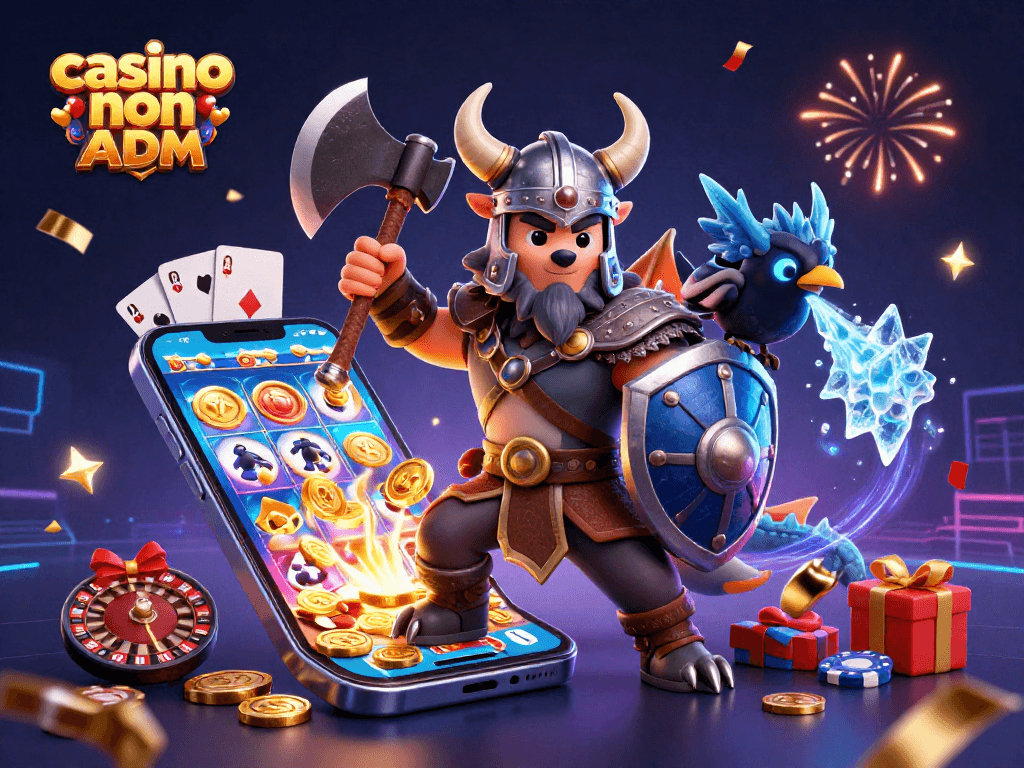 Scopri il casinò non ADM con un guerriero vichingo, un drago e un corvo in un'illustrazione 3D vivace.