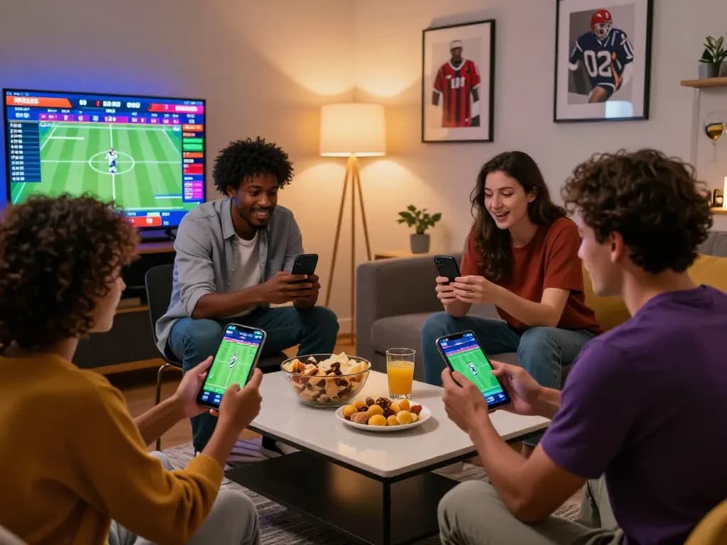 Excited friends using VN88 app for online sports betting in a cozy living room.