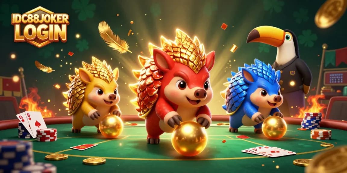 Engage in thrilling IDC88JOKER LOGIN matches with animated rival pangolins and poker elements.