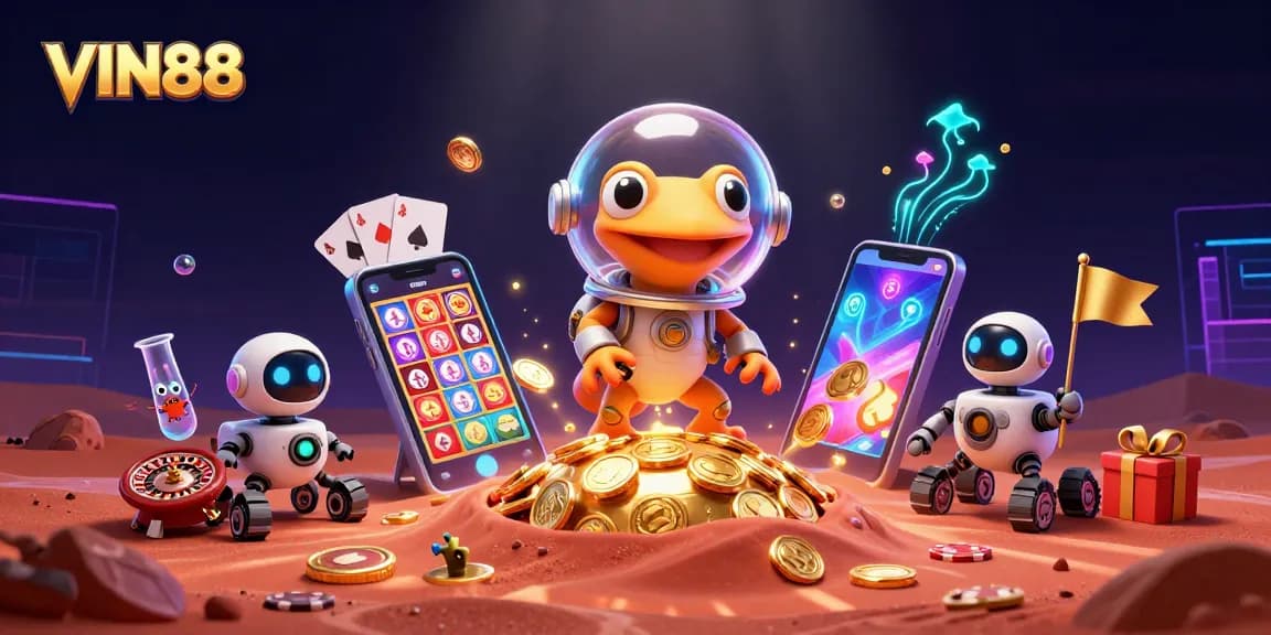 Experience the excitement of VIN88 with a Martian theme in this 3D casino illustration.