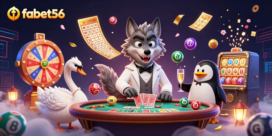 Experience thrilling wins at fabet56 with dynamic lottery elements and charming characters in a vibrant casino scene.