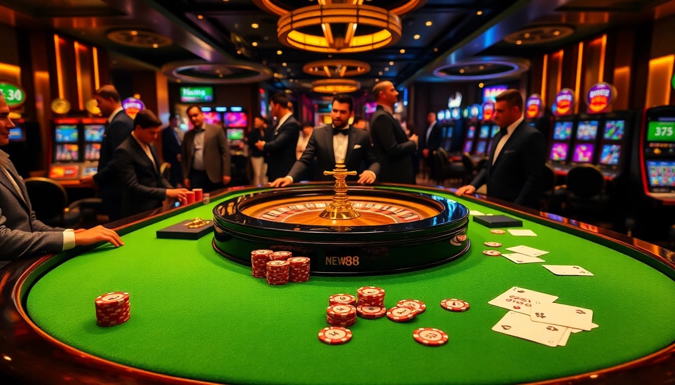 Gamblers play at a luxurious casino table, showcasing excitement and strategy at https://new88.pet/.