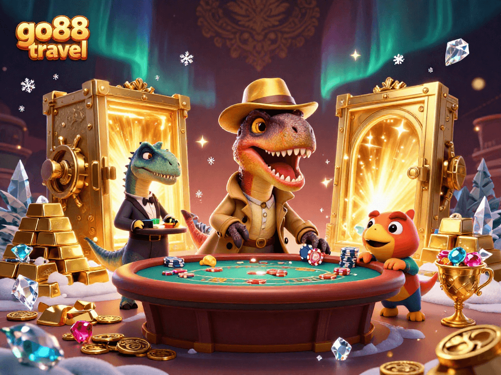 Engage in thrilling gameplay at go88 travel with velociraptor card players amid golden treasures.