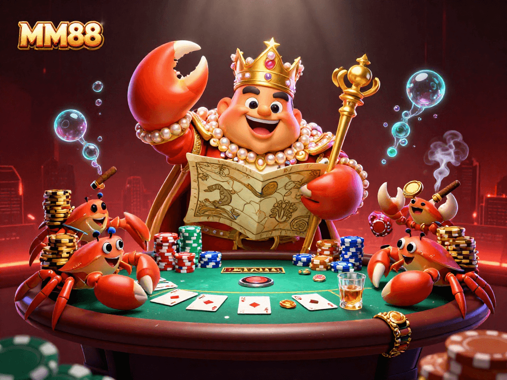 Experience the excitement at MM88 with a vibrant casino scene featuring a golden crab emperor and poker elements.