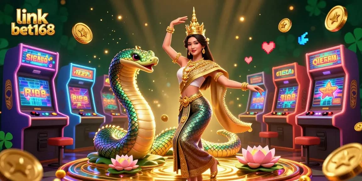 Engage with link bet168 while enjoying thrilling 3D visuals featuring a graceful Thai dancer with a Naga serpent.
