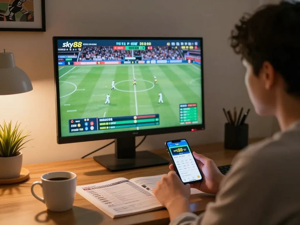 Engaging moment betting on sky88 tv while watching sports in a modern home office.