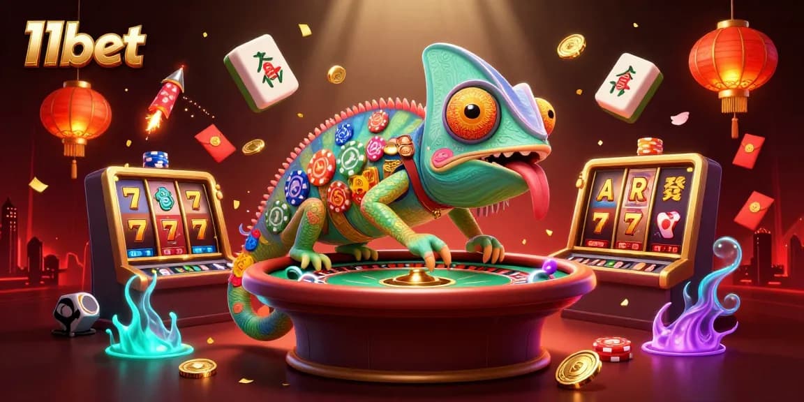 Experience the thrills of 11bet's casino with a lively chameleon dealer amidst slot reels and festive decor.