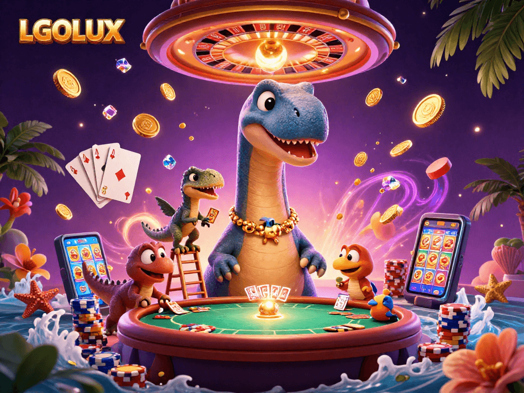 Engage with LGOLUX at a vibrant 3D cartoon casino, featuring a tall brontosaurus and exciting gameplay.