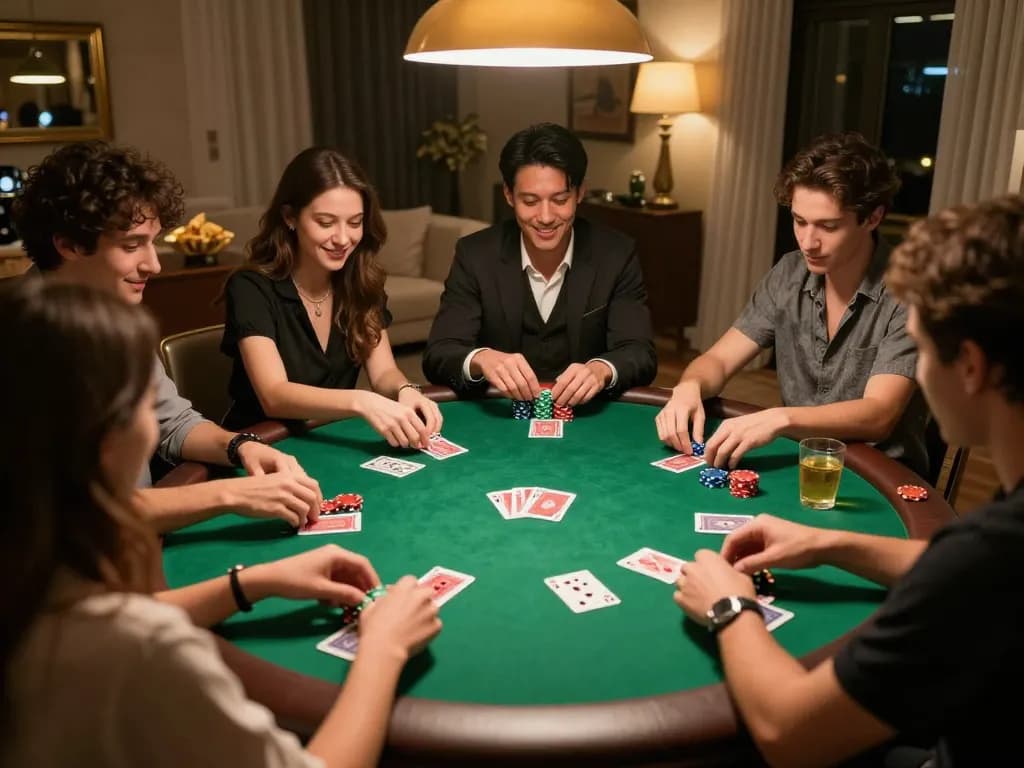 Players enjoying a friendly poker game with TG88 strategy tips laid out on the table.