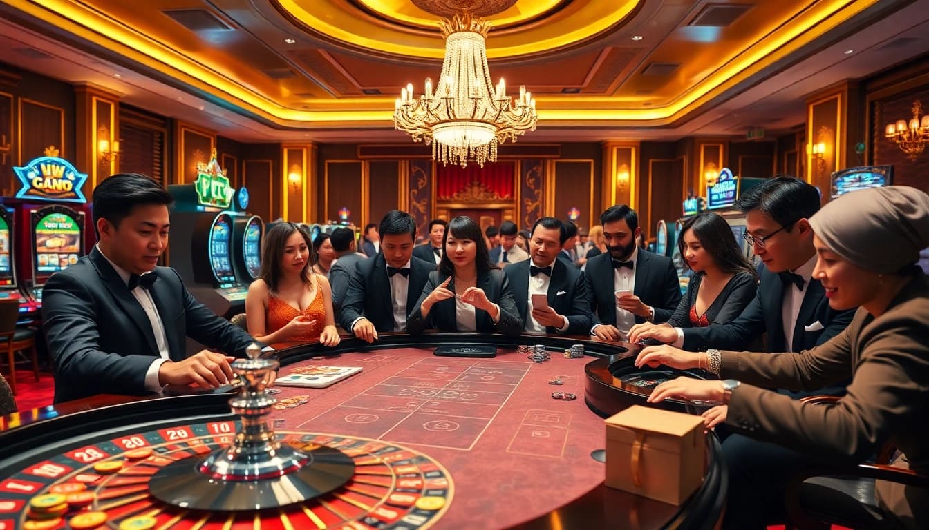 Engage in thrilling gambling experiences at MMOO's vibrant casino with poker chips and roulette wheels.