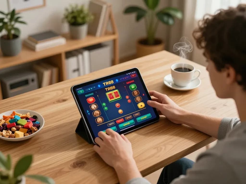 Person engaging with TR88 casino app on tablet, enjoying a cozy gaming experience at home while responsibly managing bets.