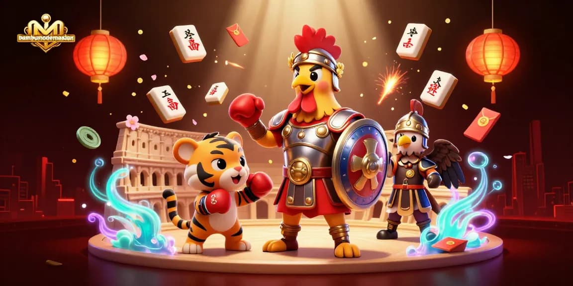 Experience the thrill of the bambumodernasian gaming scene featuring a gladiator rooster and dynamic elements.