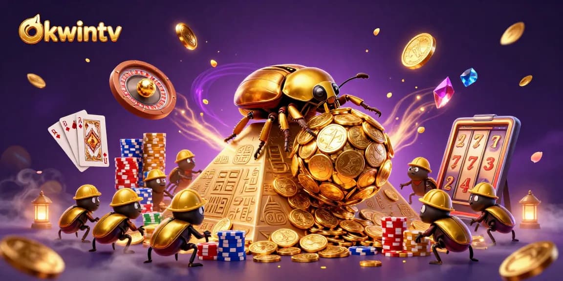 Experience the thrill of okwintv with vibrant casino elements and a dazzling golden beetle scene.