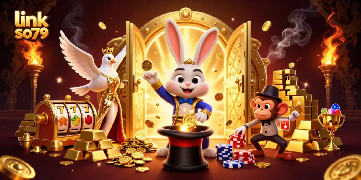 Win big with link so79 in this vibrant casino-themed illustration featuring magical characters.