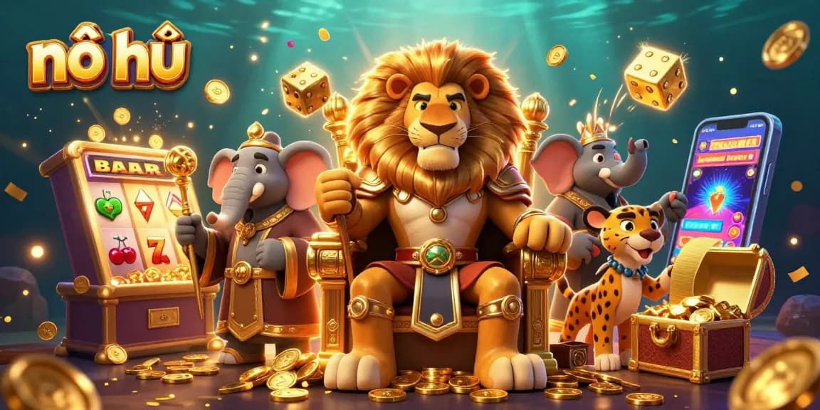 Engage in nổ hũ excitement as a fierce lion king and his allies celebrate a jackpot in this vibrant casino scene.