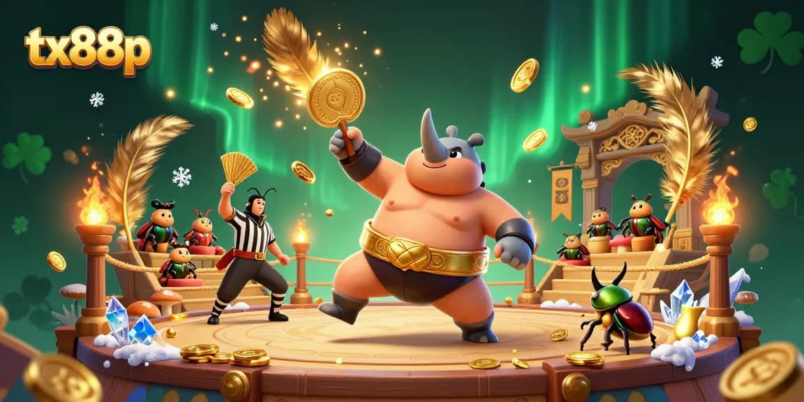 Experience dynamic gambling with tx88p featuring a sumo beetle champion surrounded by winning gold coins.