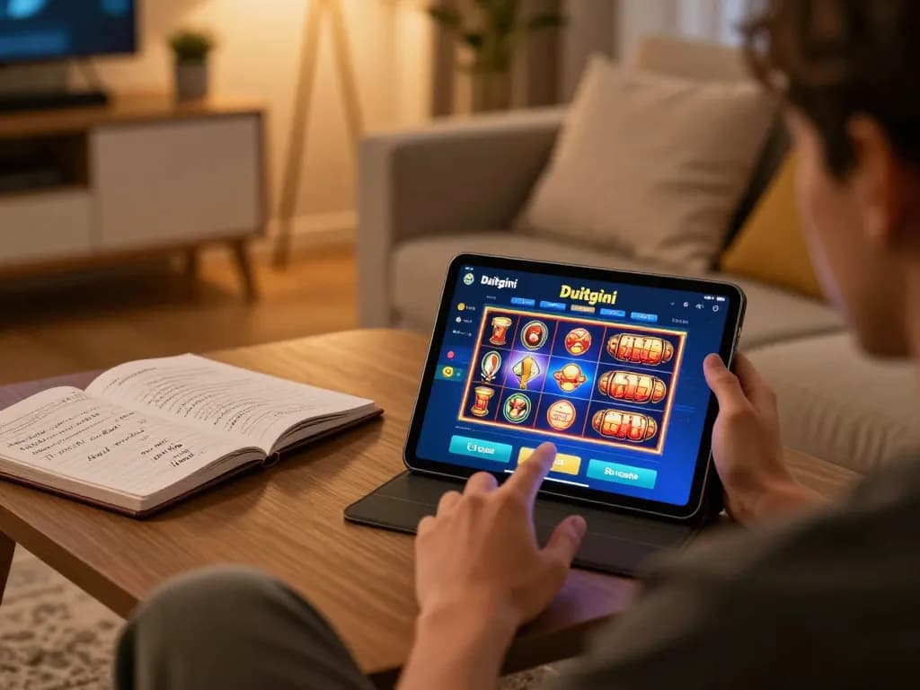 Duitgini app displayed on tablet during cozy online gaming session at home.