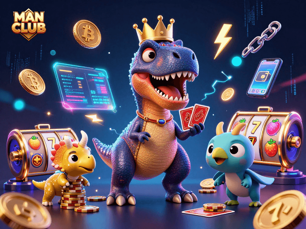 Engage with MAN CLUB's vibrant casino scene featuring adorable dinosaurs and crypto elements.